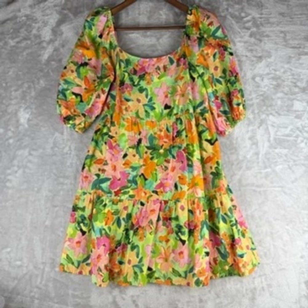 Sanctuary Floral Puff Sleeve Tiered Mini Dress Lime Green Pink Orange Small